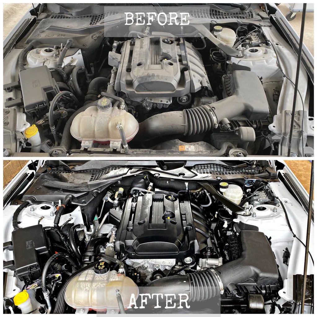 Engine bay before and after detail comparison