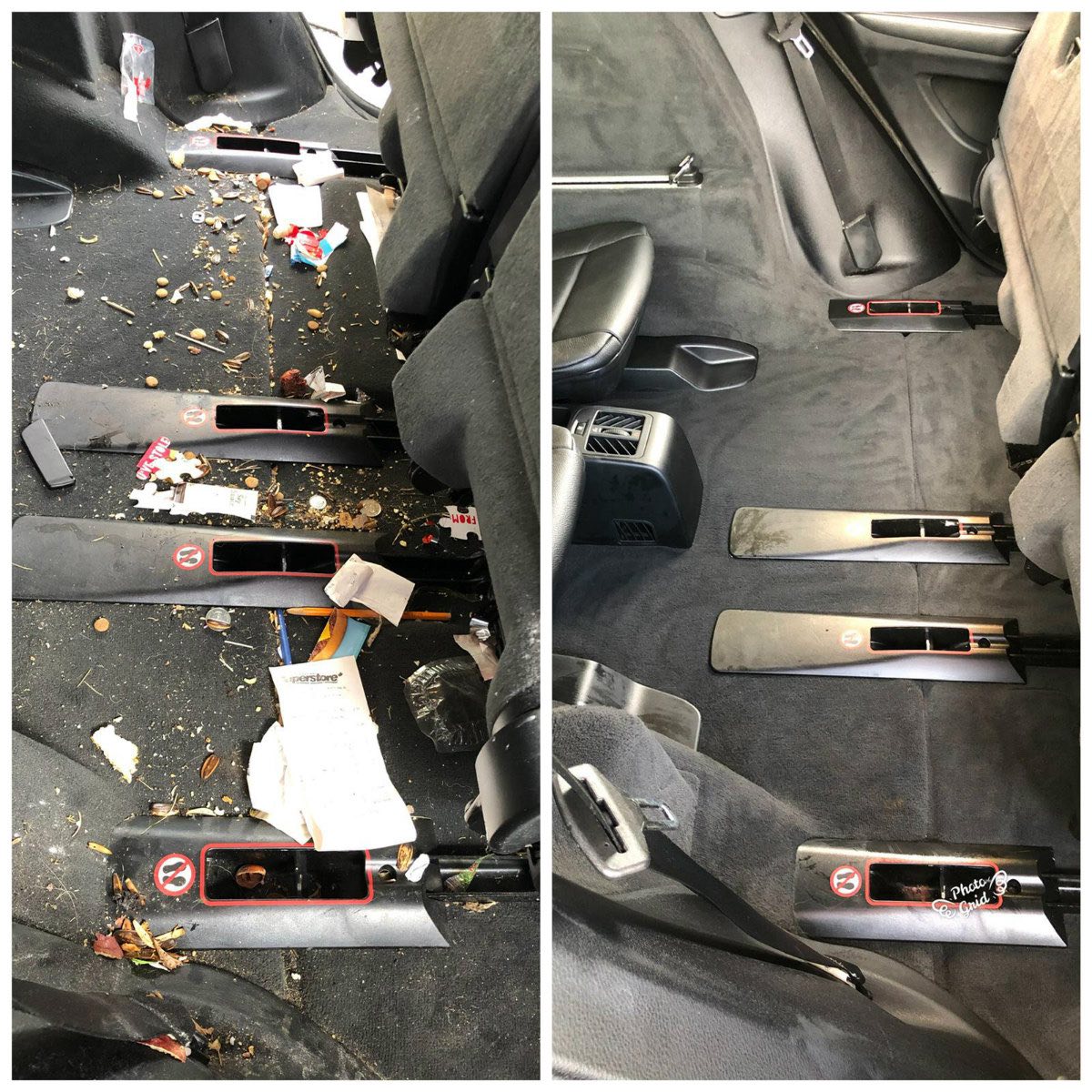 Seat rails and tracks before and after cleaning comparison