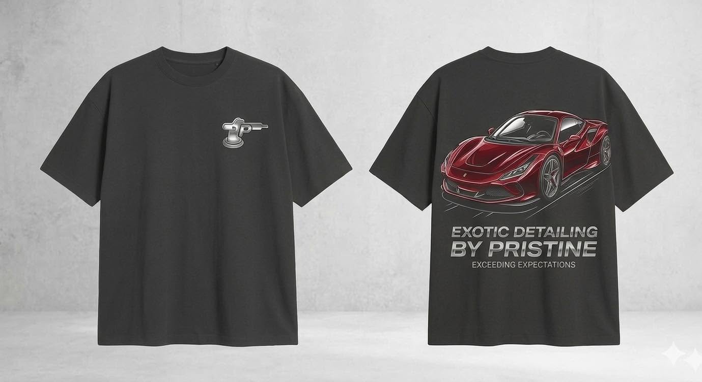 Front and back of a black Exotic Detailing by Pristine T-shirt with a red sports car graphic