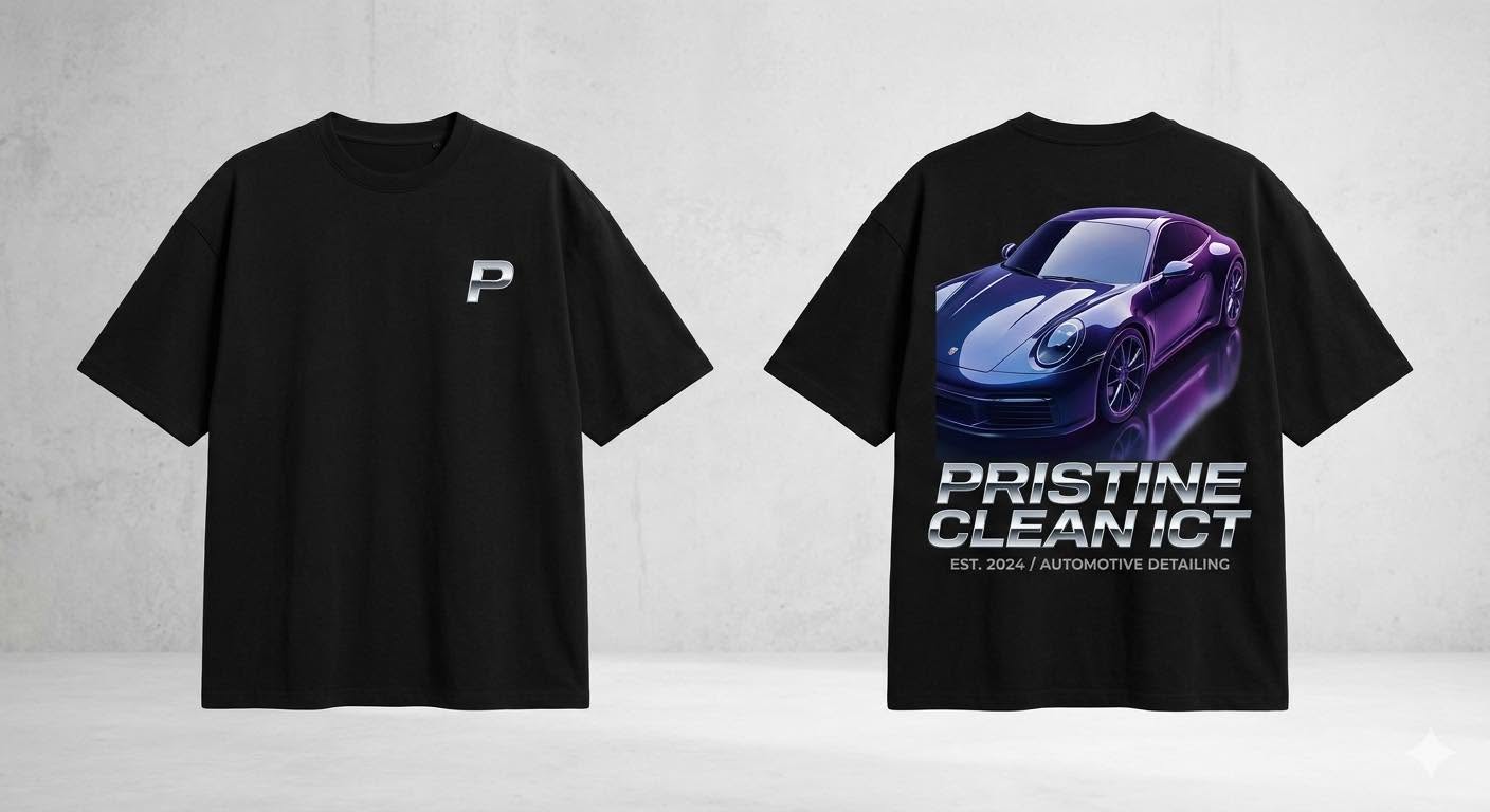 Front and back of a black Prestine Clean ICT T-shirt with a blue and purple sports car graphic
